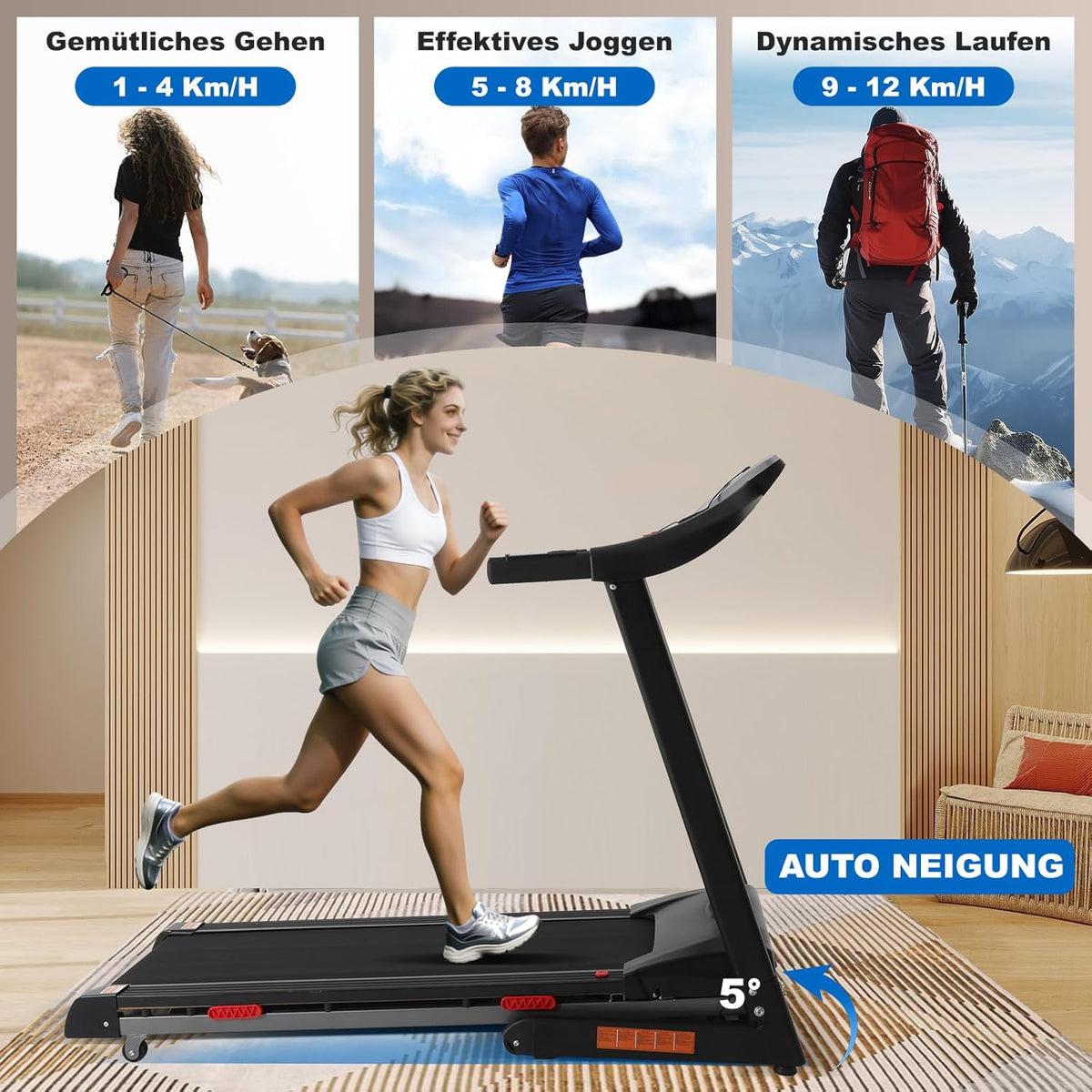 ISE Loopband Elektrisch 5% helling, inklapbaar, 16 km/u, borstelloze motor 3,0 pk, stille < 45 dB, 12 intelligente programma's,hartslagsensoren, ruimtebesparend, max. 130 kg
