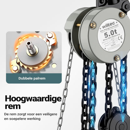 Wiltec hijstakel 5 ton x 3 meter, krachtige mini takel voor het hijsen van lasten, handmatige kettingtakel VSK-5 voor 5000 kg werklast, takel met 2 haken
