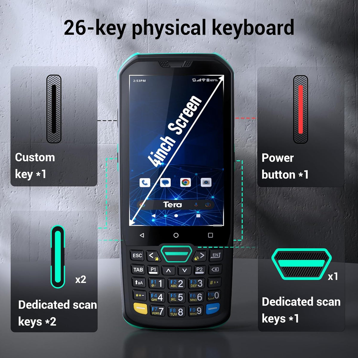 Tera Android 11 barcodescanner met 26 toetsen, HS7-scanmotor, IP67, robuust, 4 + 64 GB, 5100 mAh accu, QC 3.0, snel opladen, 4 inch touchscreen, mobiele terminal voor voorraadscanner, model P400