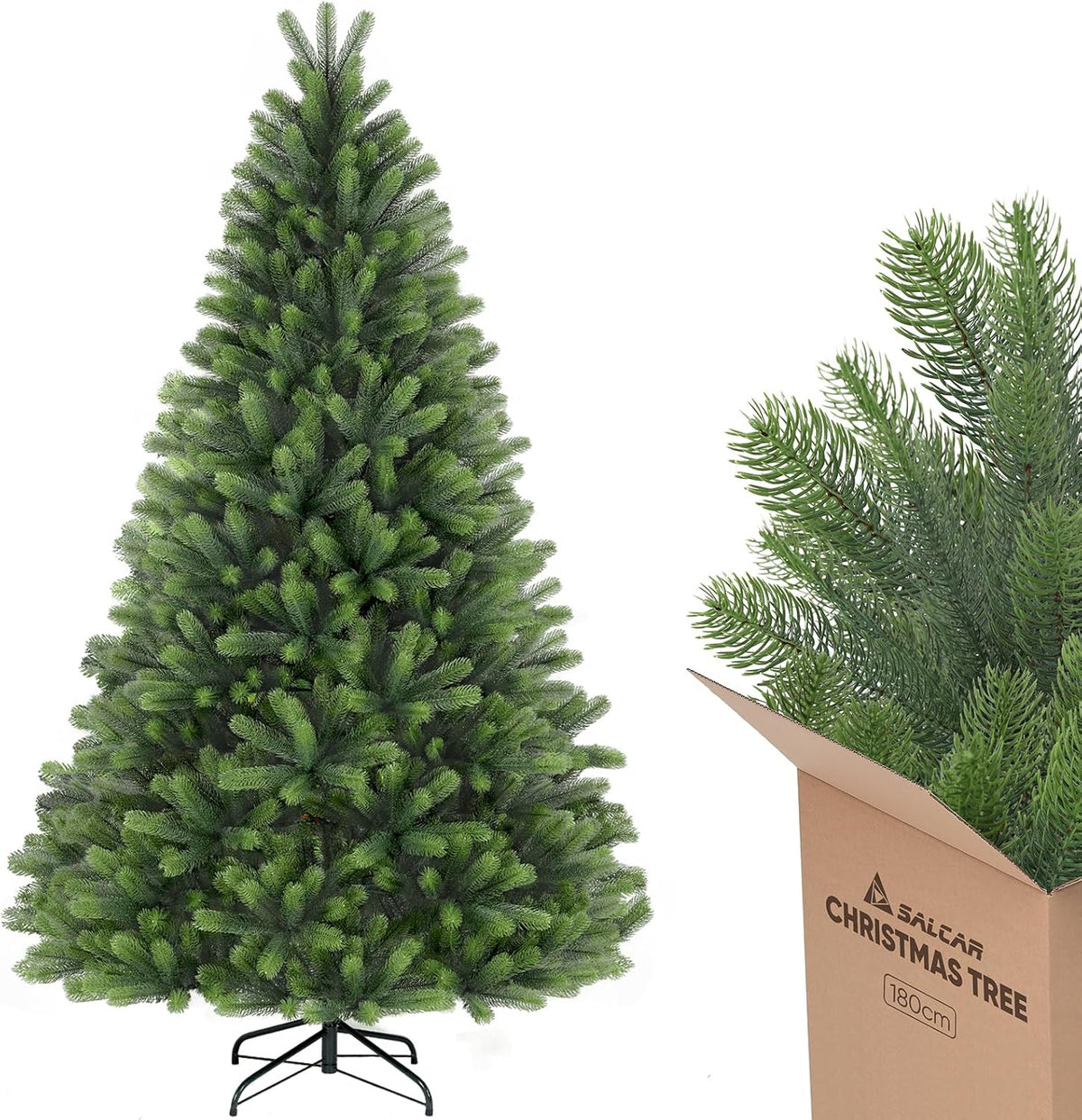SALCAR 100% PE kunstkerstboom 180 cm, kunstkerstboom met 762 PE-takken, edele Nordmann-spar inclusief handschoenen en metalen standaard