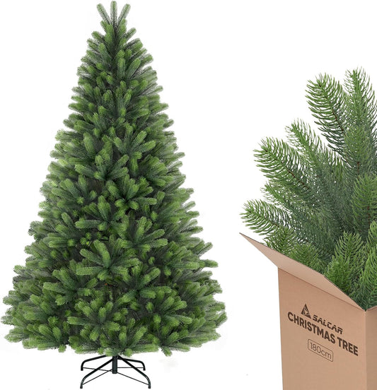 SALCAR 100% PE kunstkerstboom 180 cm, kunstkerstboom met 762 PE-takken, edele Nordmann-spar inclusief handschoenen en metalen standaard