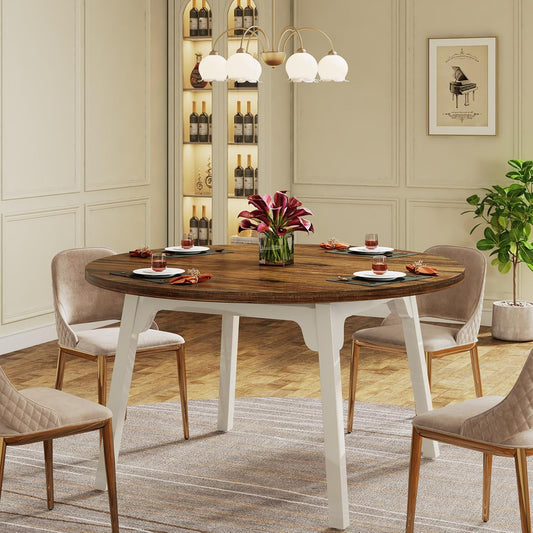 Tribesigns 120 cm ronde eettafel voor 4-6 personen, keukentafel met massief houten poten voor woonkamer, keuken, eetkamer, wit en rustiek bruin