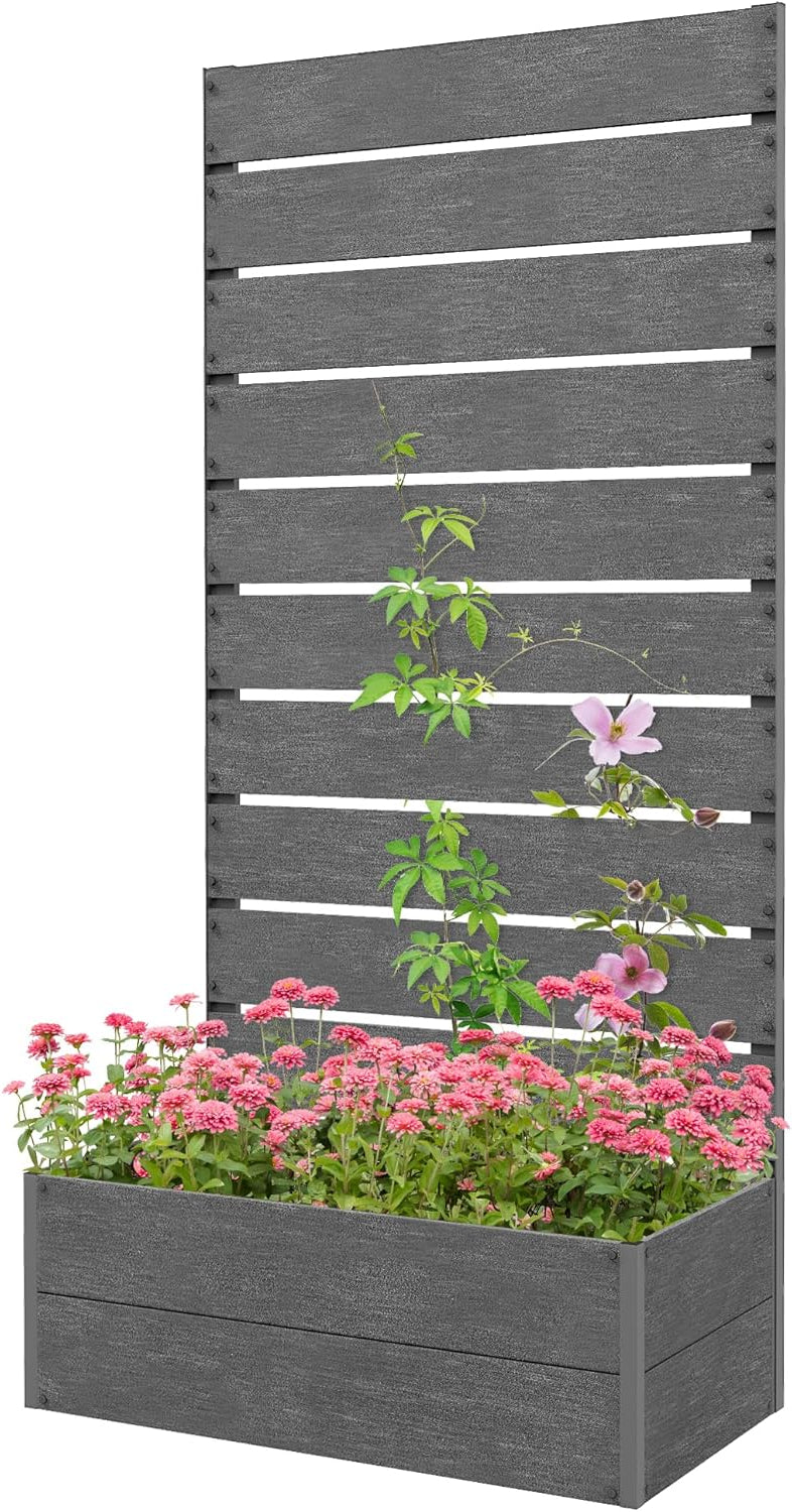 Outsunny Garden Planter with Trellis for Climbing Plants Vine Flowers Freestanding Raised Bed for Garden Outdoor Patio Planter with Drain Grit, 72x38x150cm, Dark Grey - QUORE