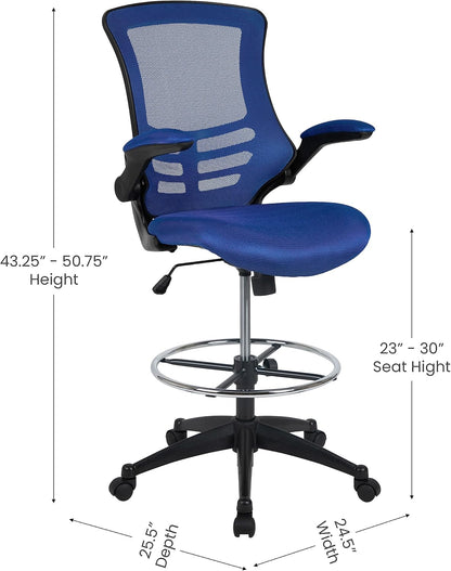 Flash Furniture Tekenstoel met middelhoge rugleuning, ergonomische bureaustoel met opklapbare armleuningen en verstelbare voetring, perfect voor thuiskantoor, blauw