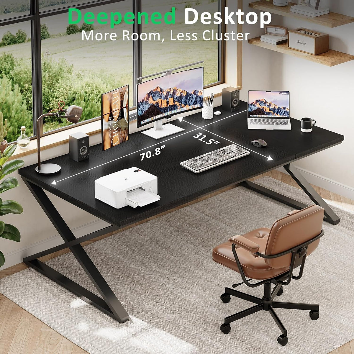 IBF Zwart groot computerbureau, 70 inch lang schrijfbureau voor thuiskantoor, moderne eenvoudige twee personen uitvoerend werk studiebureau, houten metalen pc gaming werkstation computertafel voor