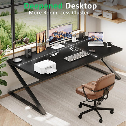 IBF Zwart groot computerbureau, 70 inch lang schrijfbureau voor thuiskantoor, moderne eenvoudige twee personen uitvoerend werk studiebureau, houten metalen pc gaming werkstation computertafel voor