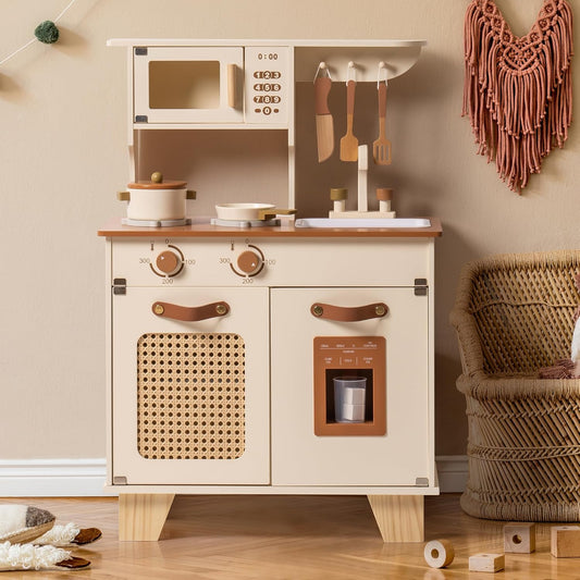 ROBOTIME Houten speelkeuken voor kinderen, realistische speelgoedkeuken met nep-ijsdispenser en rotan mesh-element, fantasiespel kookset voor peuters, cadeau voor jongens en meisjes vanaf 3 jaar