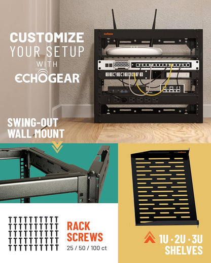 ECHOGEAR 10U Netwerkrek - Wandmonteerbaar Heavy Duty 4-paalontwerp voor al uw netwerk- en AV-apparatuur - Open frame-ontwerp omvat 2 1U geventileerde planken en montagehardware