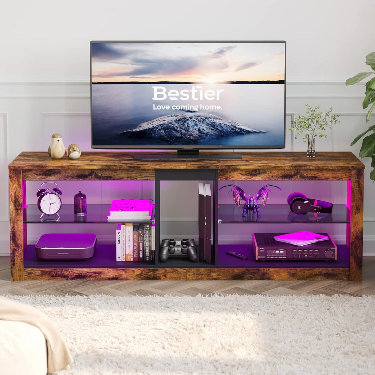 Bestier 140cm tv-standaard, tv-tafel voor tv's van 65 inch en kleiner met RGB LED-verlichting, 3 stopcontacten en 2 USB-oplaadpoorten