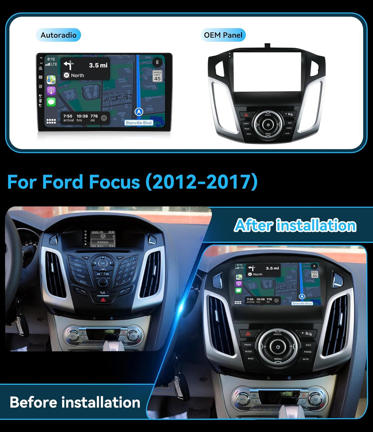 MSD Autoradio Voor Ford Focus (2012-2017) | Android 14 GPS Navigation Radio | 4G+64G | CarPlay Android Auto Stuurwiel DAB 4G Dual-Band WiFi DSP Bluetooth 360-CAM | Camera | 2 Din 9 Inch