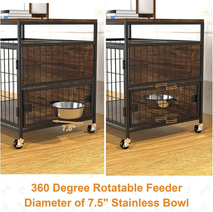 Hondenkooi met wielen, robuuste bijzettafel van hout, hondenbox voor binnen voor kleine, middelgrote honden, dubbele deuren en 360 graden draaibare roestvrijstalen bak, 78,9 cm l x 54,8 x 69,8 H