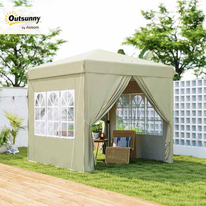 Outsunny Pavillon 2,5x2,5m, wasserabweisend Stabil Winterfest Pop-up Faltpavillon, UV Schutz 50+, Faltbar Partyzelt Gartenzelt mit 4 Seitenteilen Tasche Gartenpavillon für Camping Garten, Cremeweiß - QUORE