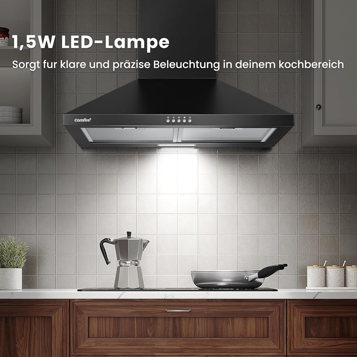 COMFEE CH60A17EM400B Afzuigkap, 60 cm convectie en afvoerlucht, wandkap met actieve koolfilter, 400 m³/u luchtstroom, 5 lagen, wasbaar vetfilter, instelbare open haard, zwart