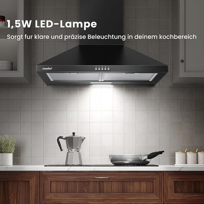 COMFEE CH60A17EM400B Afzuigkap, 60 cm convectie en afvoerlucht, wandkap met actieve koolfilter, 400 m³/u luchtstroom, 5 lagen, wasbaar vetfilter, instelbare open haard, zwart