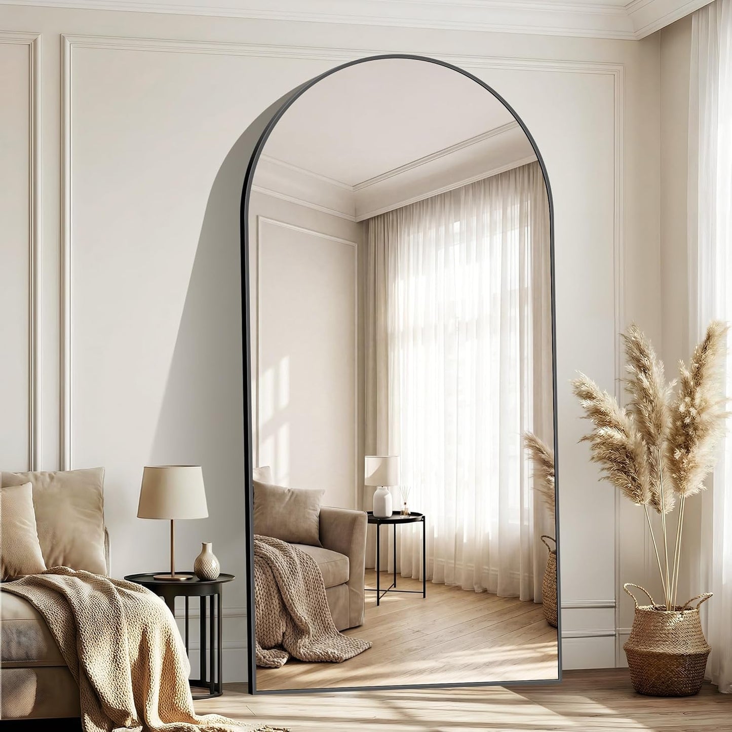 Boog full-body-spiegel, 203 x 103 cm, staande spiegel met zwart aluminium frame, grote wandspiegel, vloerspiegel voor slaapkamer, entree, hal, woondecoratie