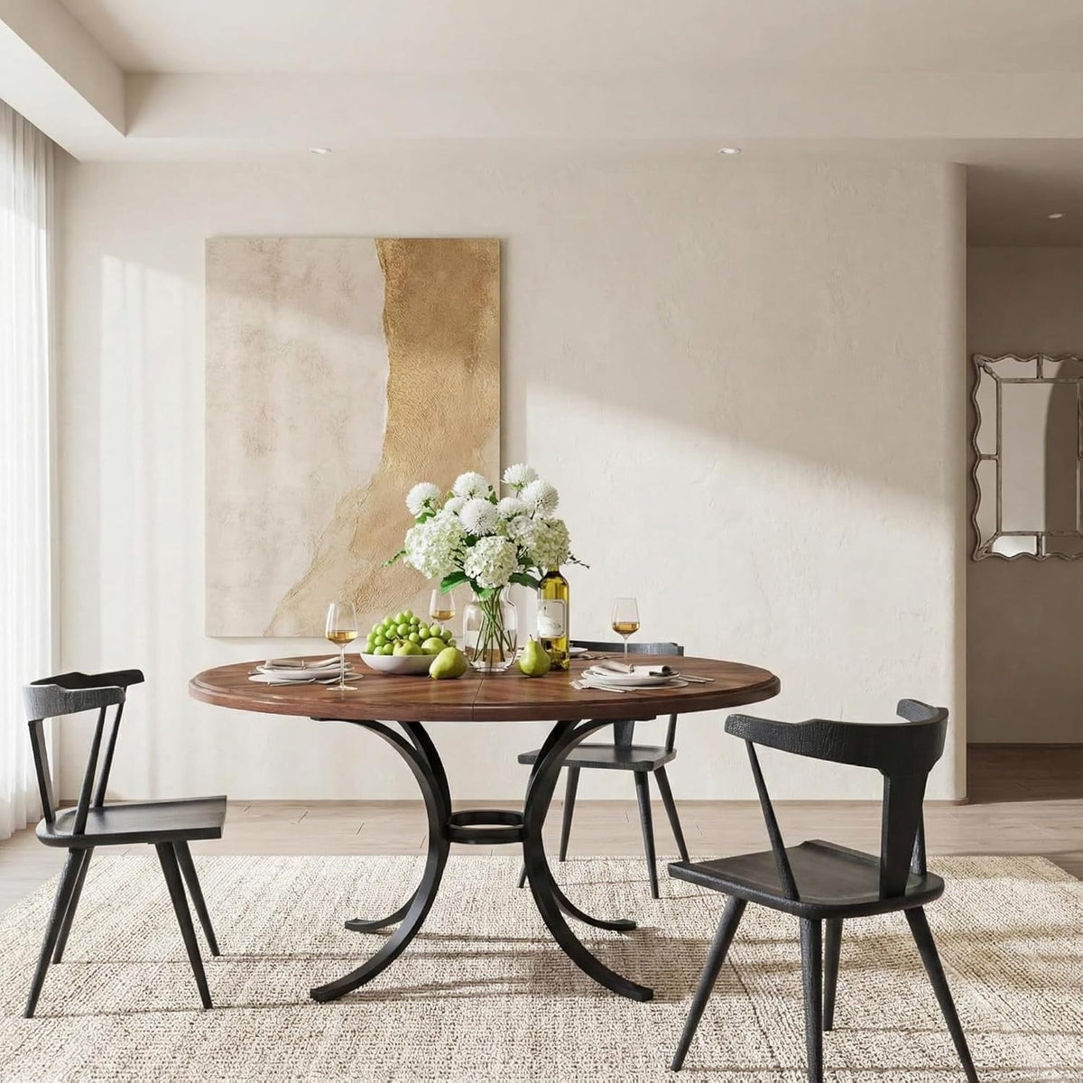Ronde Eettafel – Ronde Tafel – Eettafel Rond – Keukentafel Rond – Tafel 120 cm – Voor 4-6 Personen – Stijlvol Houtfineer – Stevig Stalen Onderstel - QUORE