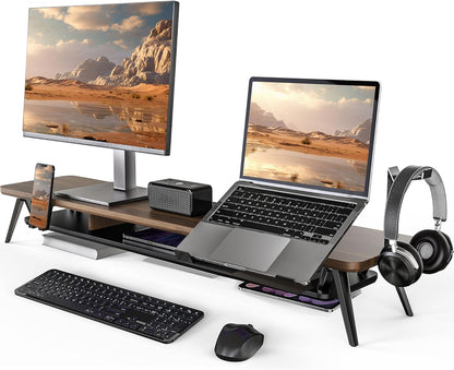 Fenge Monitor Stand, Dual Monitor Riser voor 2 monitoren met verstelbare Laptop Riser, 108cm Desk Organizer met Pad / Hoofdtelefoonhouder Max Belasting 50KG (Bruin)