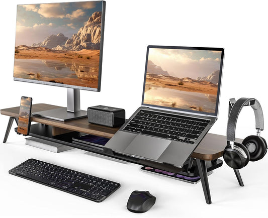 Fenge Monitor Stand, Dual Monitor Riser voor 2 monitoren met verstelbare Laptop Riser, 108cm Desk Organizer met Pad / Hoofdtelefoonhouder Max Belasting 50KG (Bruin)
