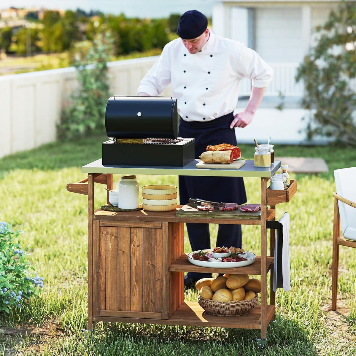 FANTASK Grillwagen voor buiten, serveerwagen met roestvrijstalen plaat, planken, kast & kruidenrek op wielen voor BBQ, 130 x 47 x 92 cm (2 deuren: 130 x 47 x 92 cm)