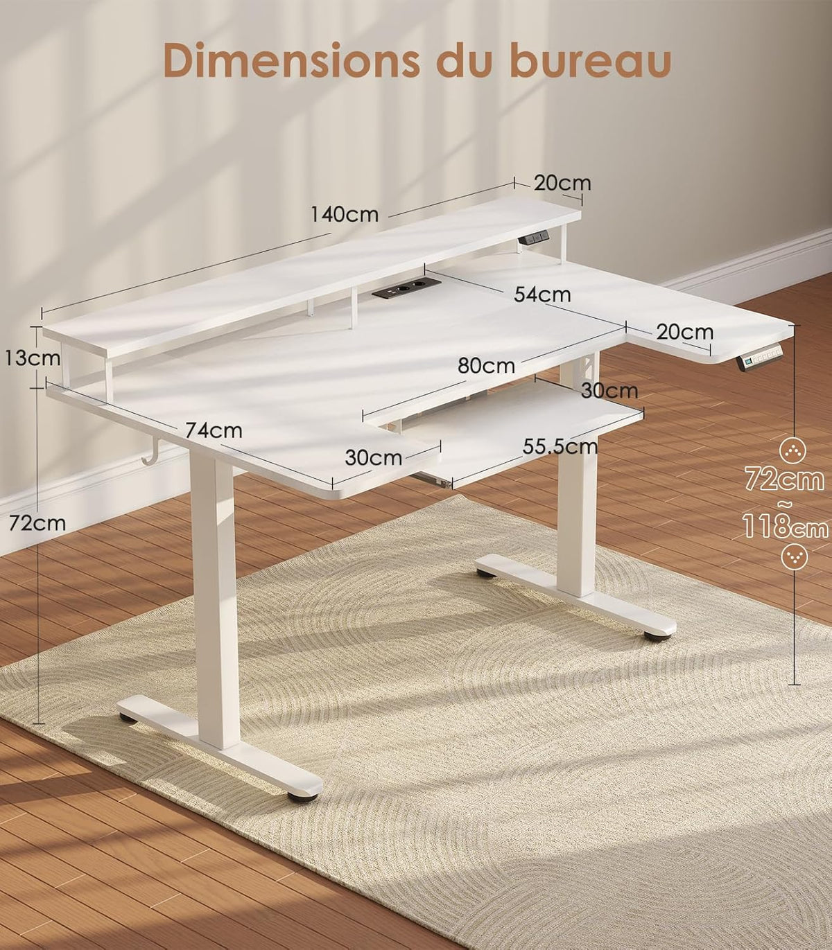 OffiGo Desk, Sitting, Standing, U-Shape, 140 cm, Electric Desk with Monitor Stand, Sockets and USB Port, Standing Desk with LED, Height Adjustable Gaming Table, White - QUORE