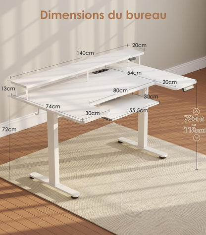 OffiGo Desk, Sitting, Standing, U-Shape, 140 cm, Electric Desk with Monitor Stand, Sockets and USB Port, Standing Desk with LED, Height Adjustable Gaming Table, White - QUORE