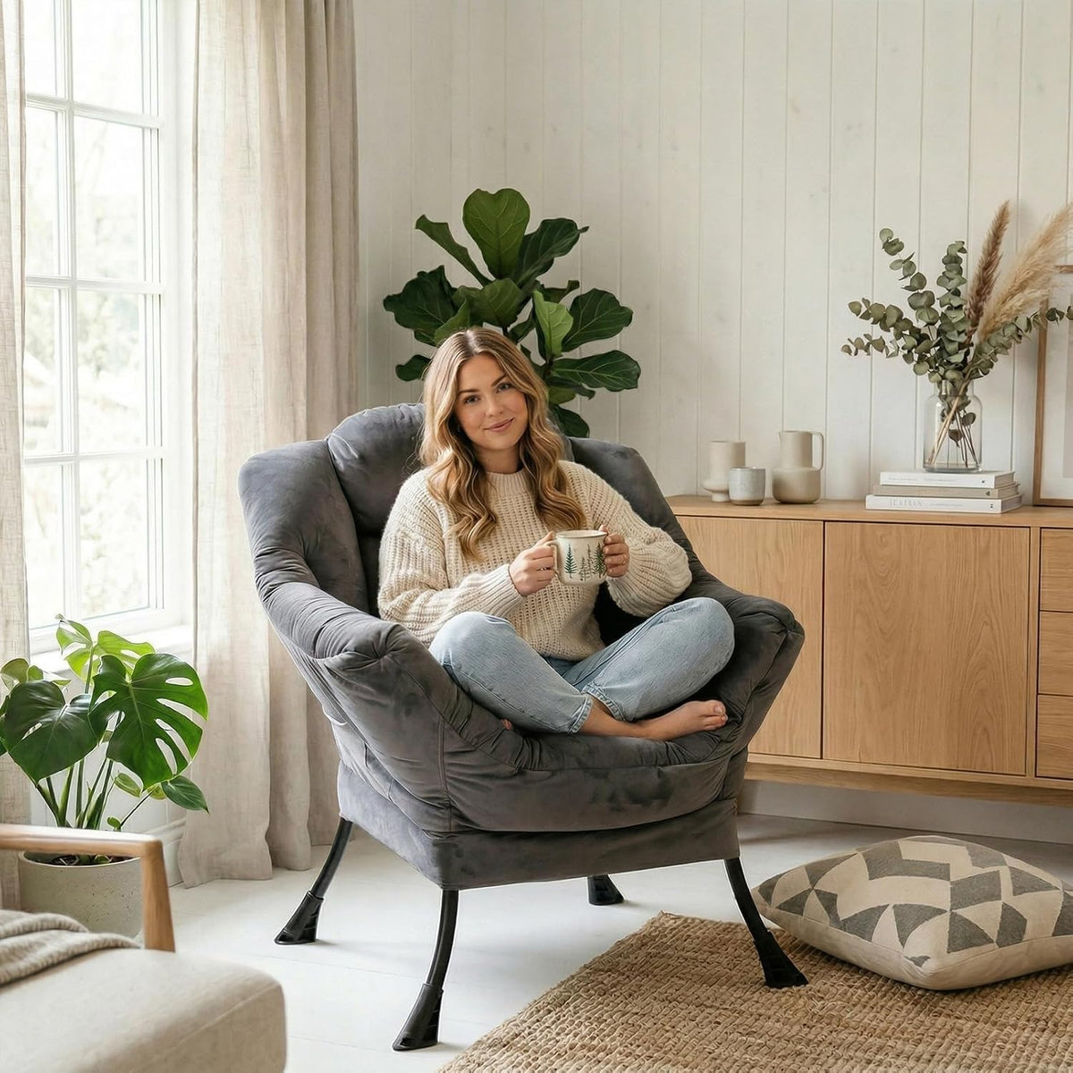 HollyHOME Relax Fauteuil Fluwelen Woonkamer Stoel Slaapkamer Stoel Lounge Stoel met Armleuningen Leesstoel Accentstoel met Stalen Frame, Donkergrijs