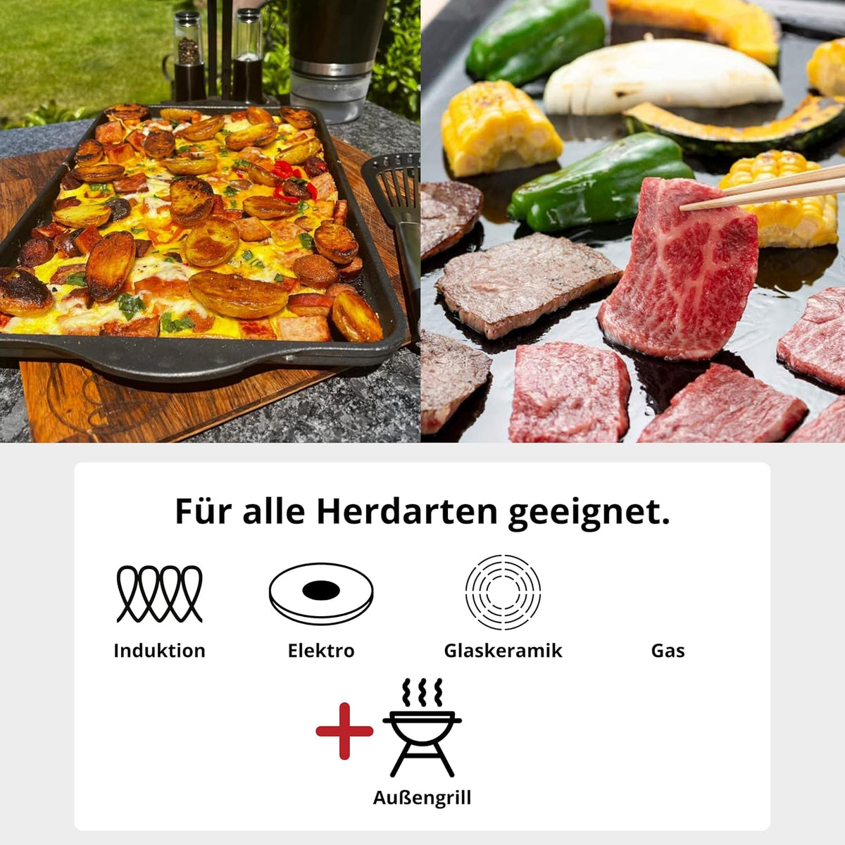 Favoriete pan Teppanyaki grillplaat XXL 43x28 cm - gladde plancha met anti-aanbaklaag van aluminium voor alle warmtebronnen, incl. inductie en buitengrill