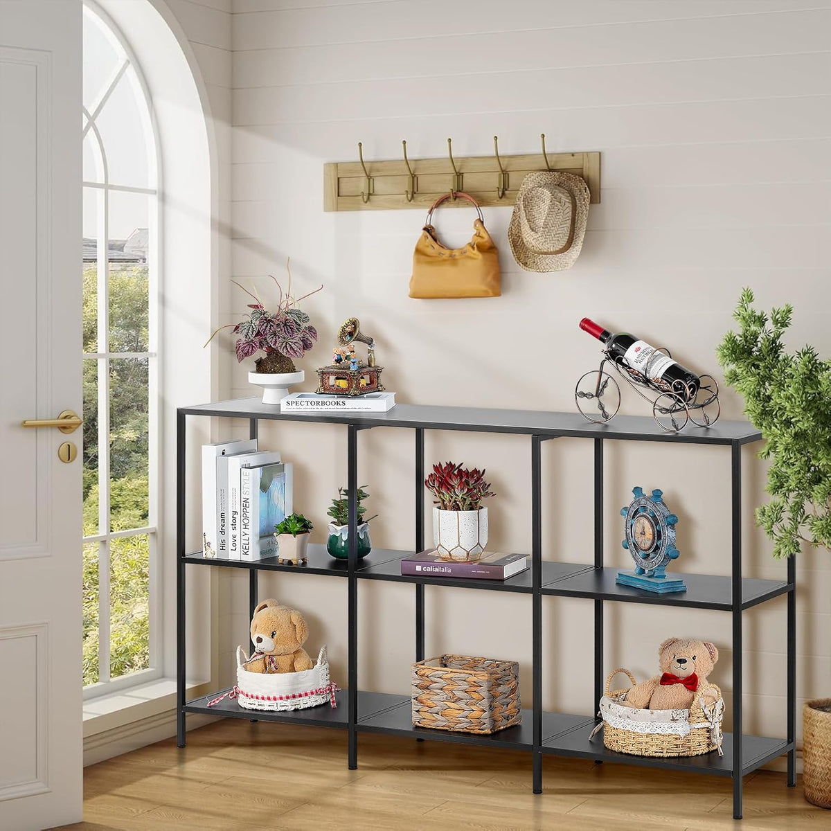 HDANI Consoletafel van metaal met 3 legplanken, banktafel, smalle consoletafel, moderne stijl, geschikt voor entree, woonkamer, slaapkamer (Zwart, 140 x 30 x 80 cm)