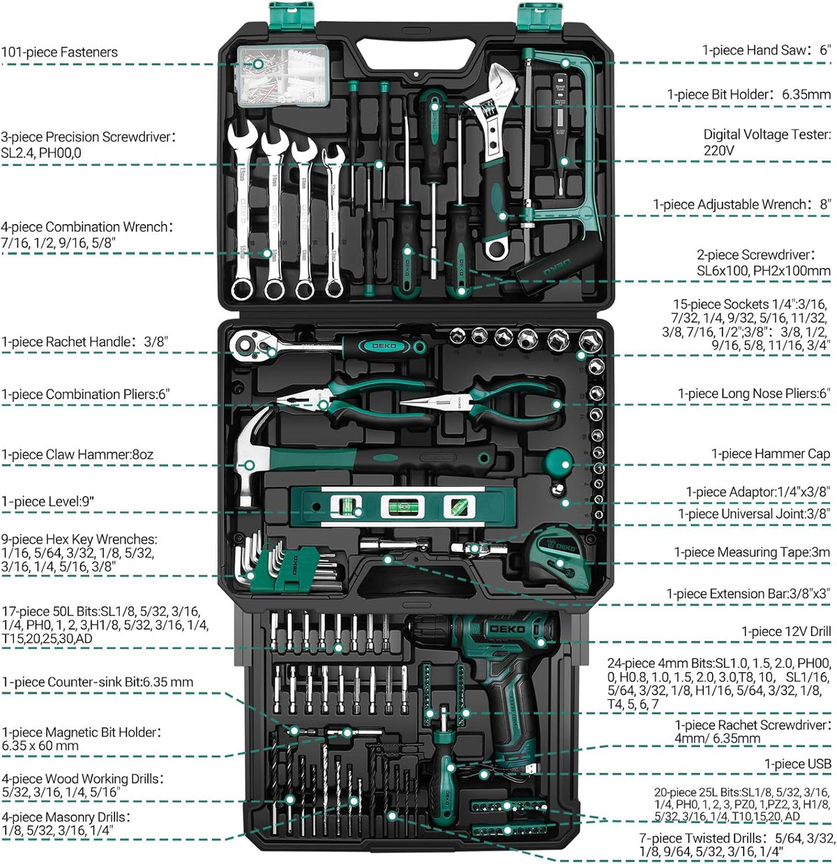 Gereedschapskit Box Boorset: DEKO 238 stuks Home Mechanic Toolbox met 12V Power Draadloze Boor Hand Reparatie Gereedschap Sets Combo Kits Opslag Organizer Lade Case voor Mannen (Groen)
