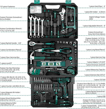Gereedschapskit Box Boorset: DEKO 238 stuks Home Mechanic Toolbox met 12V Power Draadloze Boor Hand Reparatie Gereedschap Sets Combo Kits Opslag Organizer Lade Case voor Mannen (Groen)
