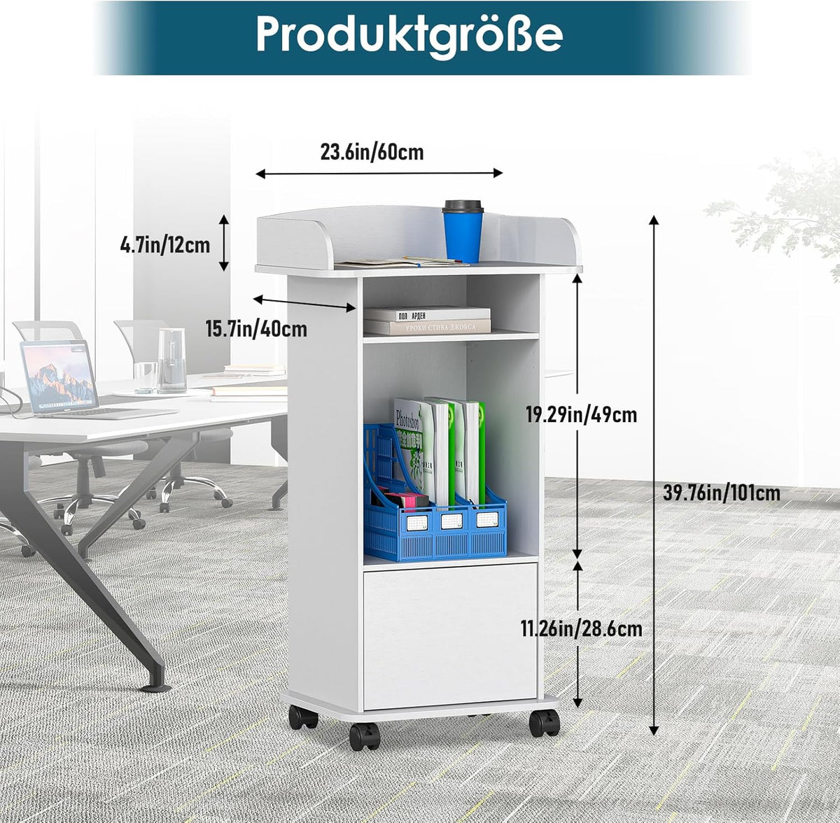 Sta-bureau, podiumstandaard met lade, sprekerbureau van hout met wieltjes, houten podium met meertraps plank voor scholen, huizen, seminars en kerken, wit (60 x 40 x 101 cm)