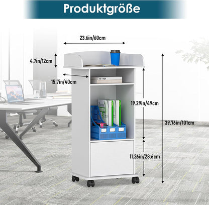 Sta-bureau, podiumstandaard met lade, sprekerbureau van hout met wieltjes, houten podium met meertraps plank voor scholen, huizen, seminars en kerken, wit (60 x 40 x 101 cm)