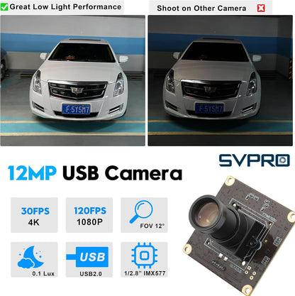 SVPRO 1080P 120fps Hoge Snelheid Camera Module 12MP 4K 30fps Industriële Video Camera met M12 Lens 25mm Brandpuntsafstand Smalle Hoek UVC Beveiliging Monitoring Camera voor PC Laptop Raspberry Pi