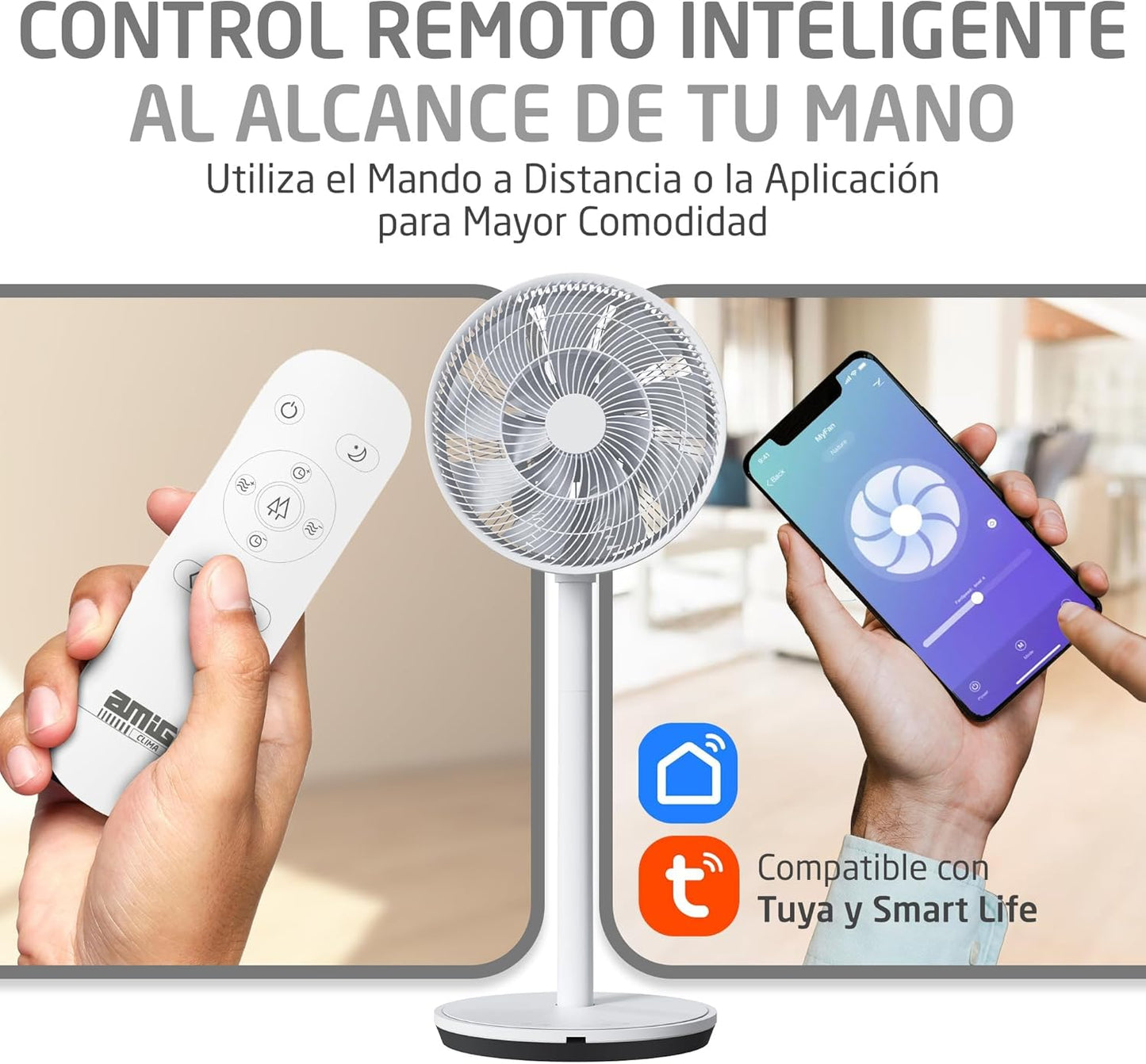 Amig - GALAIR WIFI-01 Staande en Tafelventilator - Stil 13 dB - 26 Snelheden - Verticale en Horizontale Oscillatie - Laag Verbruik 27 W - Afstandsbediening en App - LED-verlichting