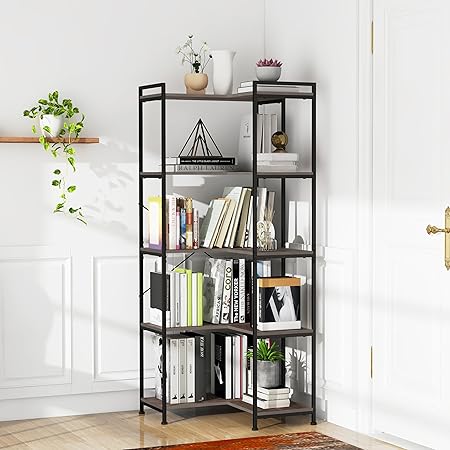 VEDECASA Bookcase, 5 Tier Large 5 Floors, High Corner Shelf, Standing Modern Corner Bookcase, Metal Frame Bookcase, Open Shelves for Living Room, Bedroom, Office, Vintage Grey - QUORE