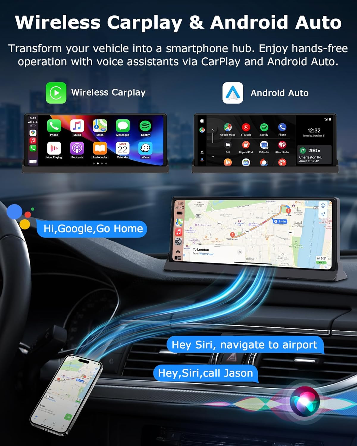 【4-in-1】Carplay Android Auto Scherm voor in de Auto met YouTube/Netflix/Tiktok, Exclusieve Houder 10,26 inch Carplay-scherm Car Play Autoradio met Achteruitrijcamera Dual-band WLAN, Bluetooth