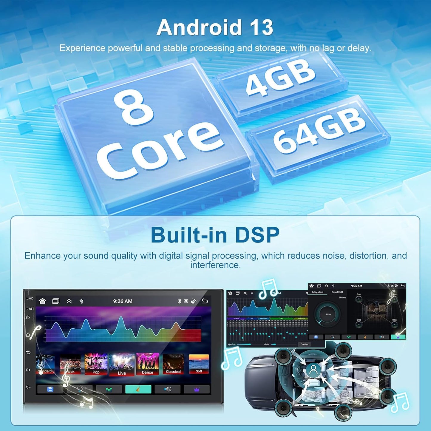 Podofo Android autoradio 2 Din met draadloos Carplay Android Auto, 4+64G 7 inch Android Bluetooth autoradio 2 Din met scherm met 59 UI, GPS, WiFi, SWC, RDS/FM-radio + achteruitrijcamera