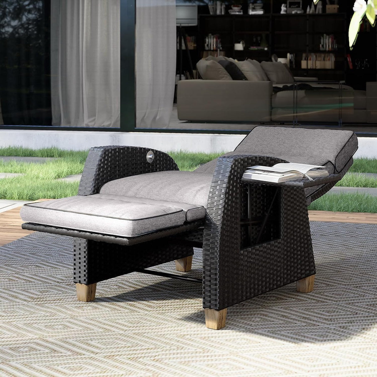 Grand patio Recliner Lounger with Seat Cushion, Aluminium Frame, Garden Chair, Adjustable Backrest, Rattan Sun Lounger for Indoor, Outdoor (Grey Seat Cushion and Brown Rattan) - QUORE