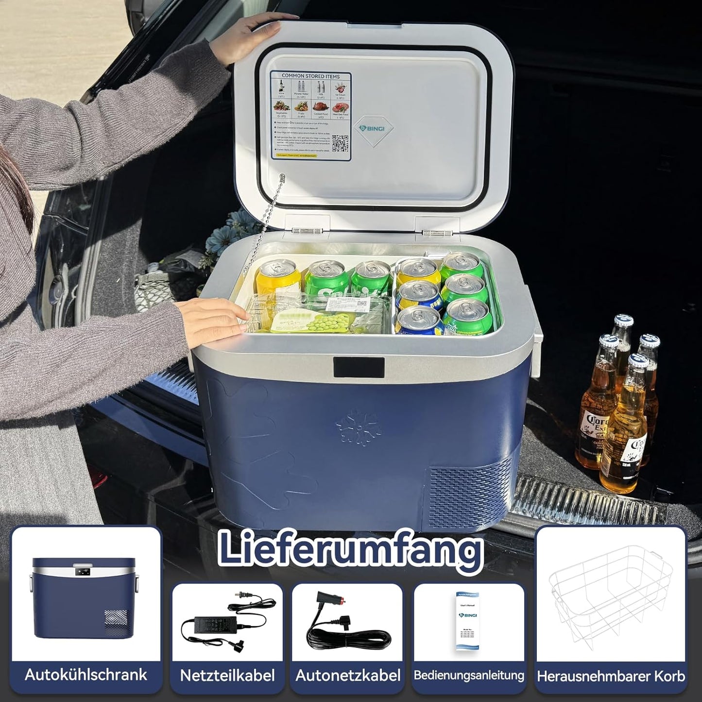 BINGI Compressor-koelbox, 18 l, mini-draagbare elektrische koelkast, 12/24 V DC, elektrische vriezer, draagbare vriezer voor auto, vrachtwagen, picknick, camping en thuisgebruik