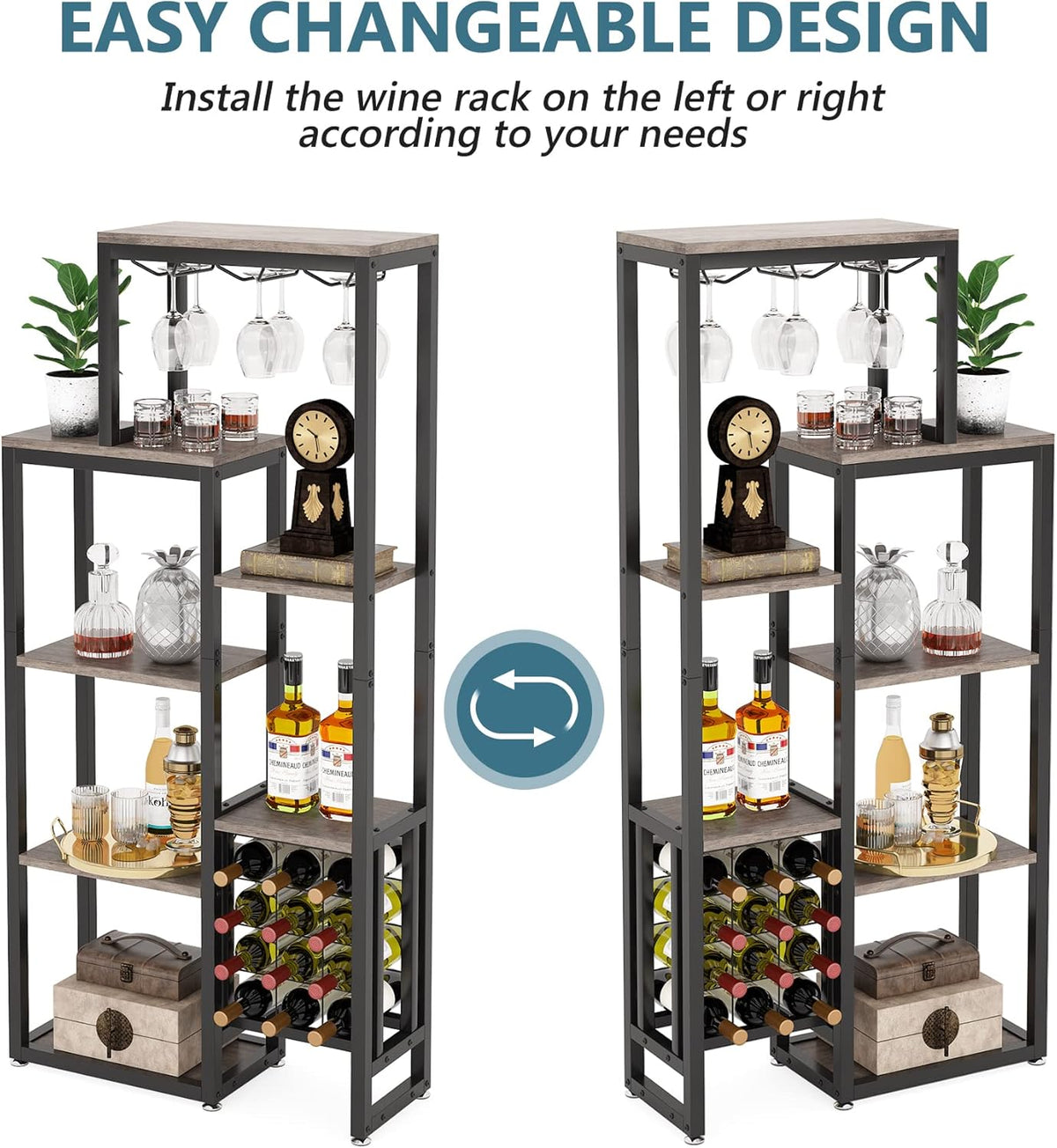 Tribesigns 2 Pcs Freestanding Floor Wine Rack - 5 Tier Wine Display Shelf with Glass Holder and Storage, Industrial Bar Cabinet for Kitchen, Dining Room (Rustic Gray)