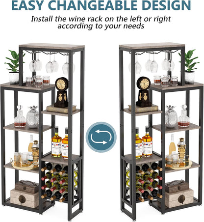 Tribesigns 2 Pcs Freestanding Floor Wine Rack - 5 Tier Wine Display Shelf with Glass Holder and Storage, Industrial Bar Cabinet for Kitchen, Dining Room (Rustic Gray)
