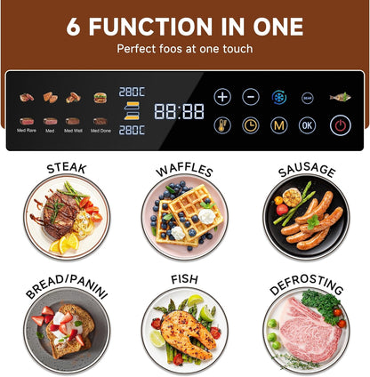 AMZCHEF 6-in-1 Health Grill & Griddle met 180° verstelbare platen, GrillBoost (280 °C), indoor grill, 4 antiaanbakplaten voor steaks en meer, 2000 W, vaatwasmachinebestendig
