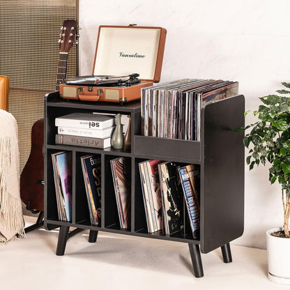 Mid-Century Record Player Stand with Vinyl Storage for Up to 350+ Albums, Vinyl Record Cabinet with Adjustable Shelves, (Black)