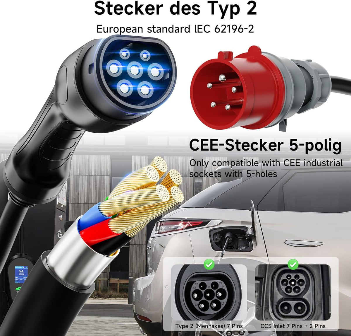EV Oplader CEE 11kW, type 2 oplaadkabel CEE-stekker, 3-fasig, 7 m, 6-16 A, draagbare EV-oplader en mobiele Wallbox laadstation voor IEC 62196-2