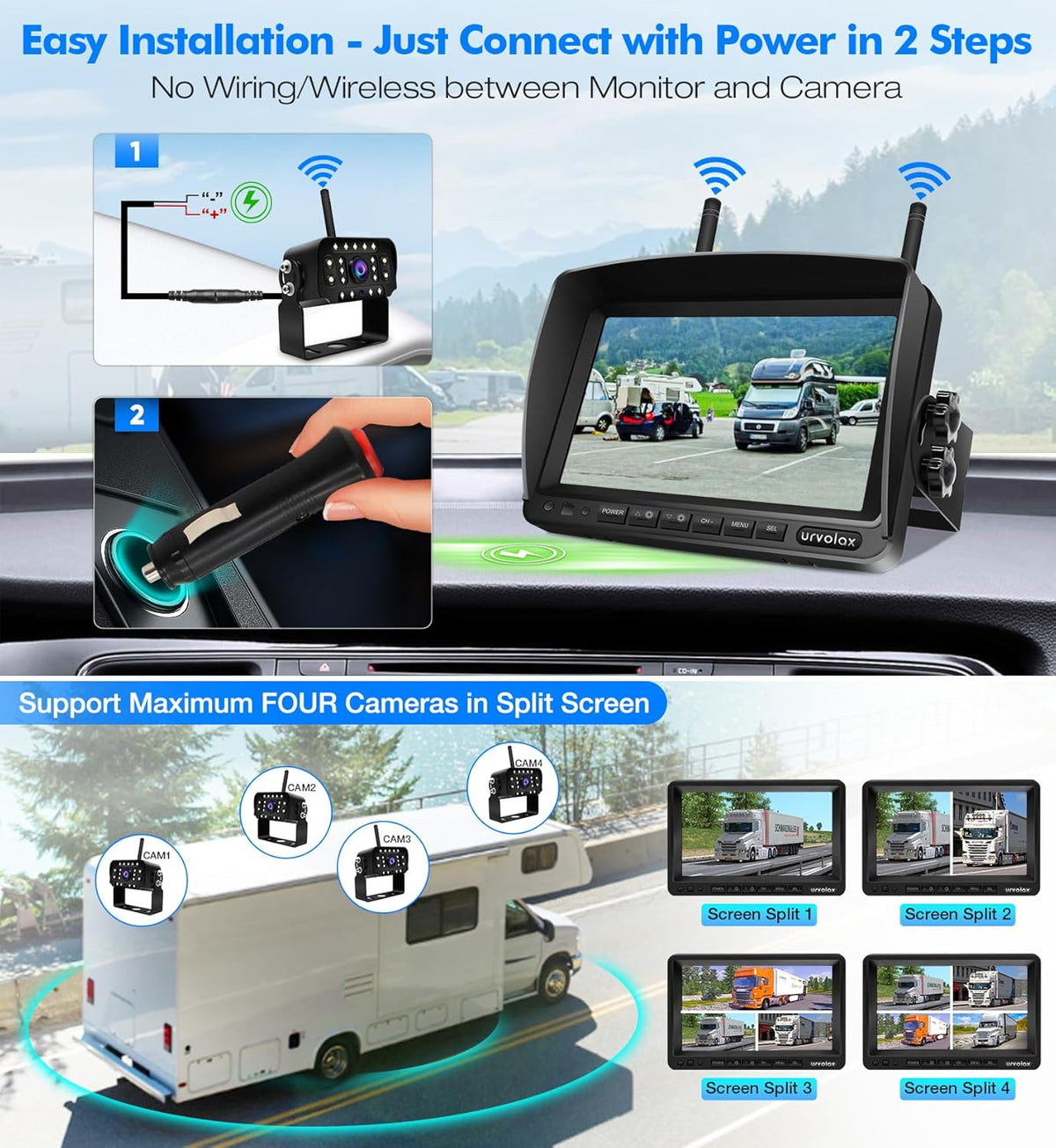 URVOLAX Draadloze Achteruitrijcamera Met AI-detectie en Hoorbaar Alarm, 1080p FHD Parkeersysteemkit met 7-inch monitor, Waterdicht voor Campers, Vrachtwagens, Bestelwagens, Caravans en Aanhangwagens