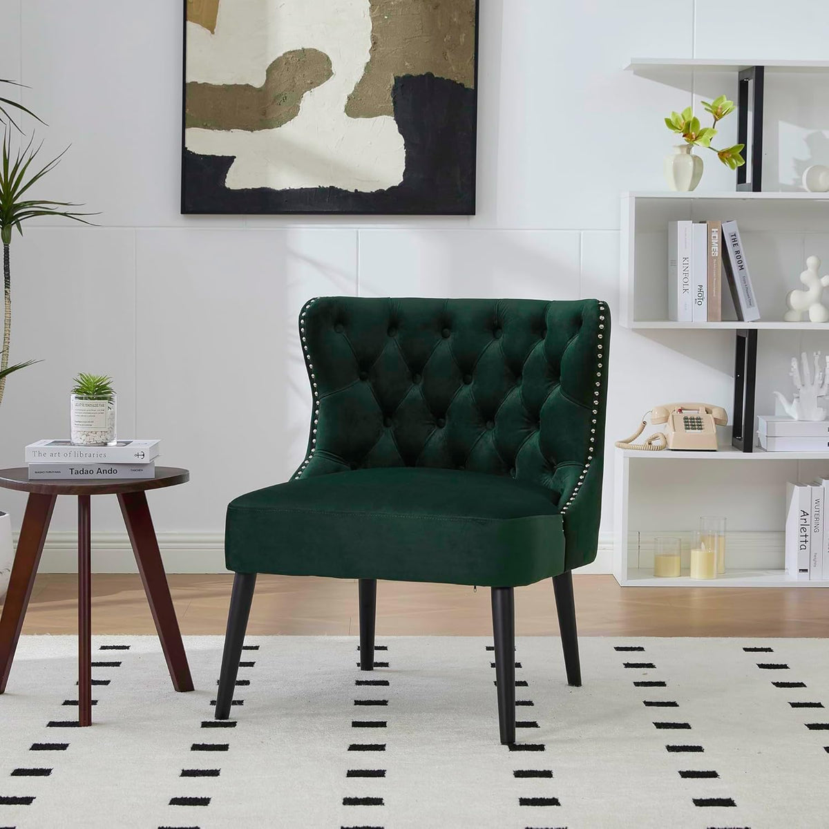 Fluwelen fauteuil, stoel zonder armleuningen met klinknagels, poten van massief hout, voor woonkamer, slaapkamer en kantoor, smaragd, 65 x 61 x 80 cm
