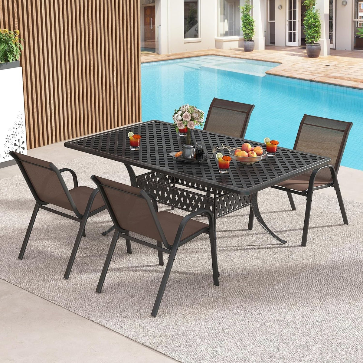 FANTASK Set van 4 stapelbare tuinstoelen, van textiel en metalen frame, stapelstoelen tot 150 kg belastbaar, terrasstoelen met armleuningen, balkonstoelen voor balkon, tuin, terras, zwembad