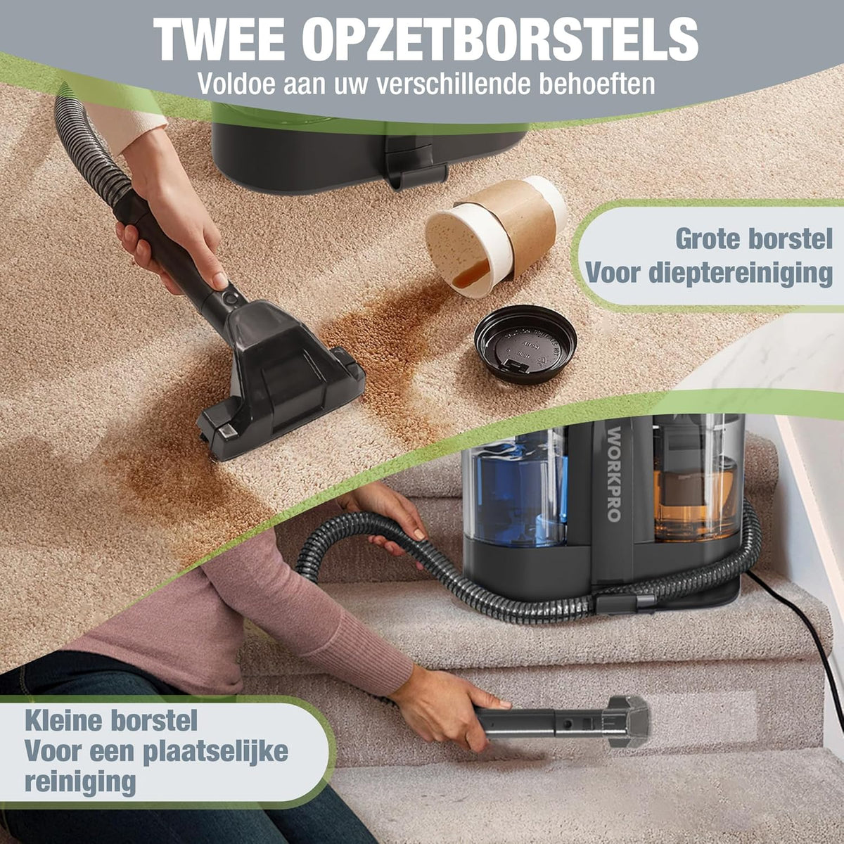 WORKPRO Tapijtreiniger 450W 13kPa, Waszuiger 1,6L met Reinigingsmiddel en 2 Borstelkoppen, Bekledingreiniger voor Tapijt, Bank, Auto