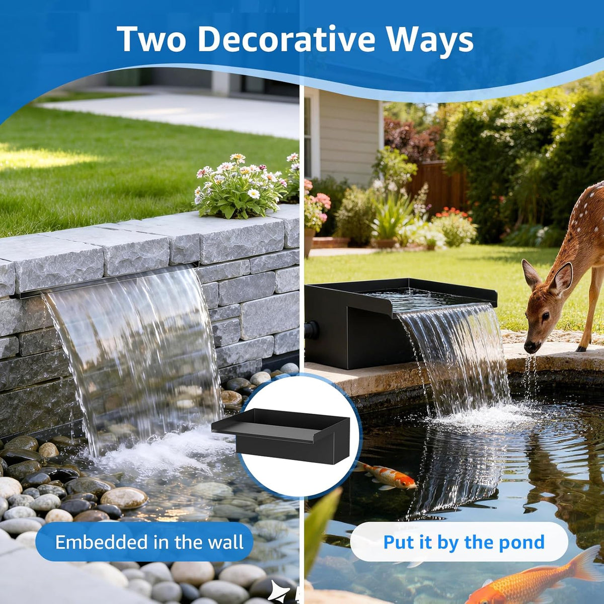 Watervalkit voor Vijver 30 cm: Set met Watervaluitloop in RVS 304, Pomp 2500 L/h, Vorstbestendige Slang 3 m en Kabel 5 m – Complete Fonteinkit