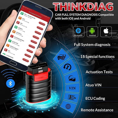 thinkcar Thinkdiag Obd2-diagnoseapparaat, automotive foutcode-uitlezer voor volledige systemen, Obd2 Bluetooth-adapter met 16 reset-services, actieve test, ECU-codering, iOS- en Android-app.